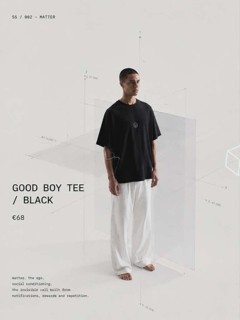 Modelo vistiendo Good Boy Tee asleep, en blanco y negro con grilla técnica