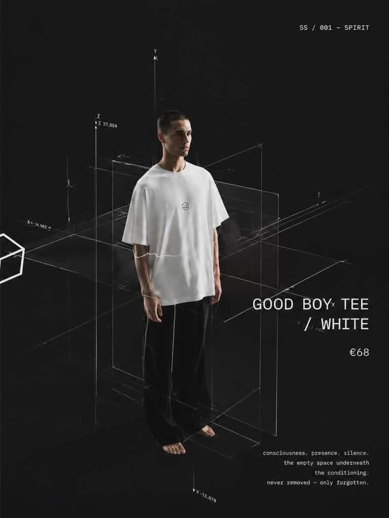 Modelo vistiendo Good Boy Tee awake, fondo oscuro con grilla técnica